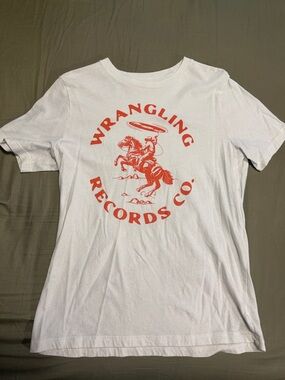 Old Navy White Tee with Orange Wrangling Records Graphic